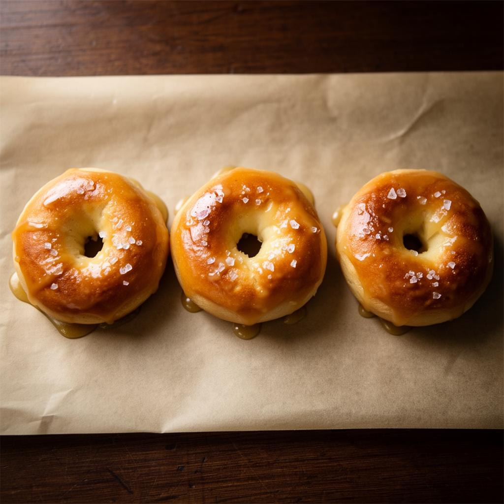 Three brown-butter brioche donuts on parchment