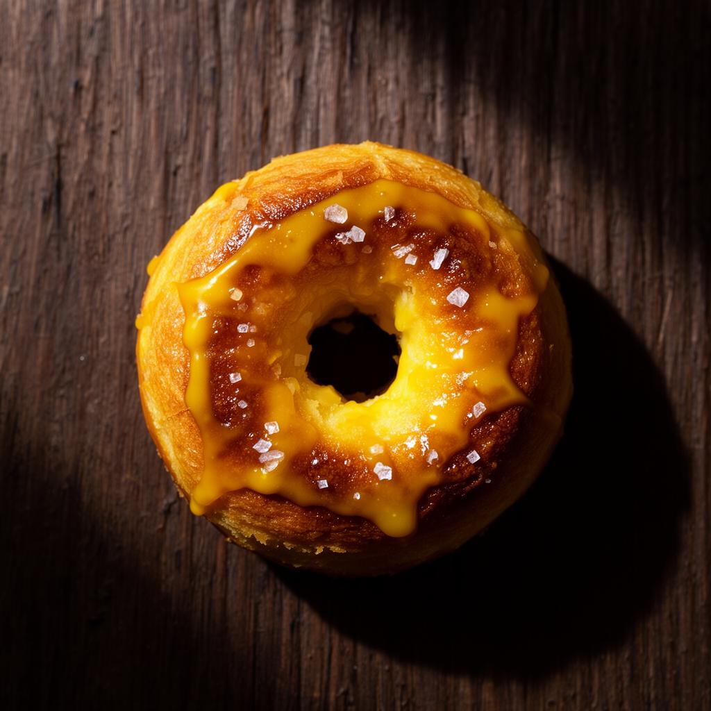 The Mallard — a duck-fat-fried brioche donut, top-down on dark wood