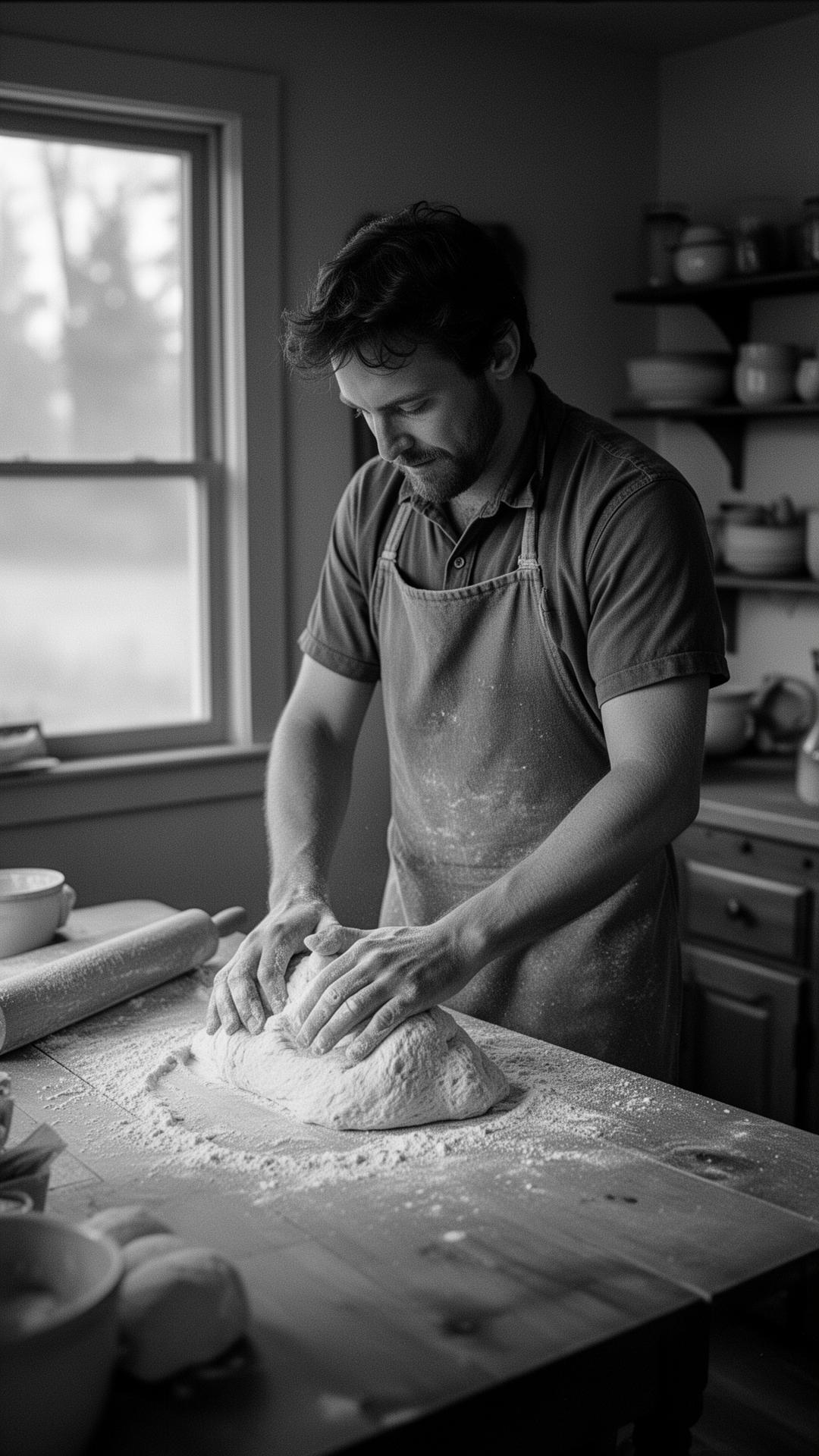 The founder working dough in a farm kitchen